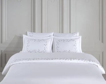 NERMIN-SILVER Luxury White Bedding Set with Silver Embroidery | Elegant Duvet Cover Set | Modern Hotel Style Bedding | Minimalist Bed. Decor