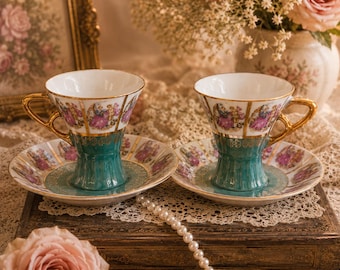 AS IS - Porcelain Demitasse Cup Set for Two, Romantic Courting Scene Tea Cups, Turquoise & Gold Gilt Footed Espresso Cups, Fine Porcelain
