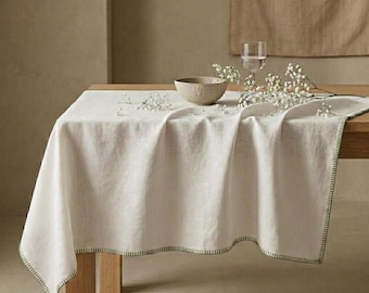 TOVAGLIE BIANCHE IN VOILE - Quadrate - Tovaglia bianca con bordo verde, biancheria da tavola per le feste, biancheria da tavola bianca con cuciture a coperta verdi