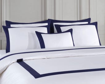 ADILE-DARK BLUE Luxury White Bedding Set Navy Blue Border Trim | Hotel Collection Duvet Cover Set | Elegant Minimalist Bed Linen  King Queen