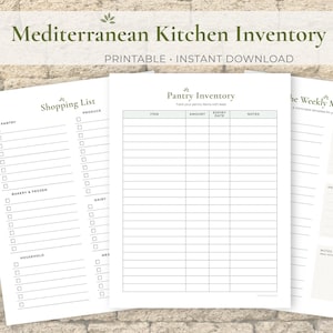 May include: A printable Mediterranean Kitchen Inventory Bundle with a shopping list, pantry inventory, and weekly meal planner. The text includes "Printable Instant Download" and "9 Pages Included". The pages are white with gray and green text.