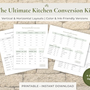 Może przedstawiać: Drukowane tabele konwersji kuchennych z przeliczeniami płynów, wagi suchej i temperatury. Tekst "The Ultimate Kitchen Conversion Kit" znajduje się na górze. Tabele są w układach pionowych i poziomych.