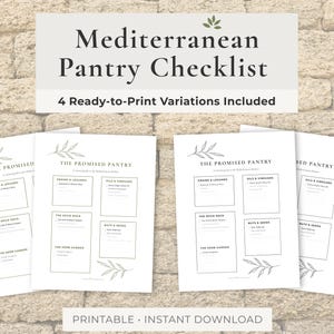 May include: A printable Mediterranean Pantry Checklist with four ready-to-print variations. The design features a neutral colour palette with text and botanical illustrations. The checklist includes sections for grains, legumes, oils, vinegars, spices, herbs, nuts, and seeds.