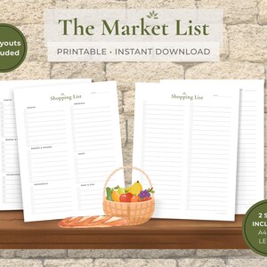 May include: A printable shopping list with the text "The Market List" and "Printable Instant Download." The image includes two layouts and two sizes: A4 & US Letter. A basket of fruit and a loaf of bread are also shown.