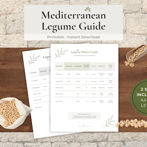 May include: A printable "Mediterranean Legume Guide" with the text "Printable • Instant Download". The guide includes a legume master guide, a wooden scoop, and a bag of legumes. The guide is available in A4 and US Letter sizes.