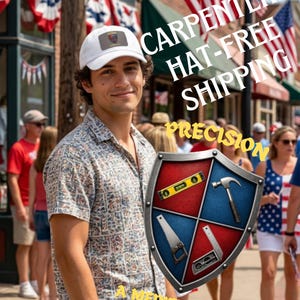May include: A man wearing a white cap and patterned shirt holds a shield with carpenter tools. The shield is red and blue with a level, hammer, saw, and square. Text on the image reads "CARPENTER HAT-FREE SHIPPING PRECISION A MEDIEVAL ART!"