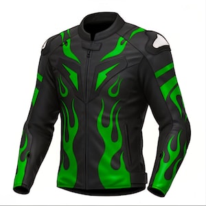 Blouson de moto en cuir noir flamme verte, vêtements de protection d'équitation de course de motards