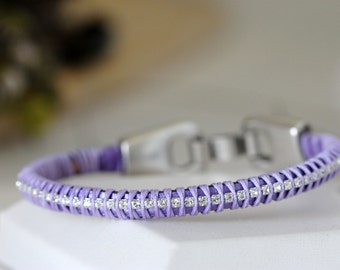 Purple Leather Bangle Bracelet w/ Diamond Swarovski Crystals | Lavender Leather Wrapped Crystal Bracelet | Artisan Jewelry by Girlthree