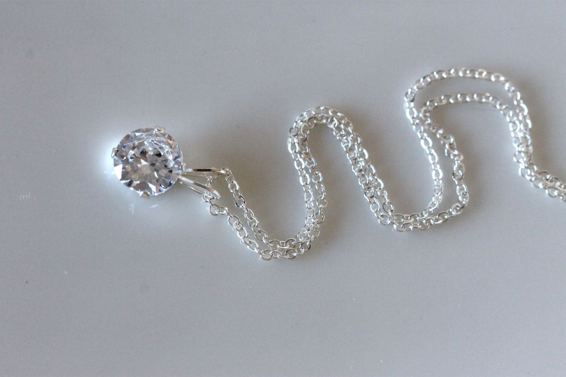 Faux Diamond Necklace 2 Carat Solitaire Diamond Cubic Zirconia Pendant Fake Diamond Sterling