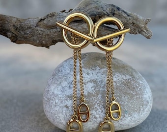 Brincos de gota dourados – Correntes minimalistas – Design geométrico moderno – Presente para mulheres