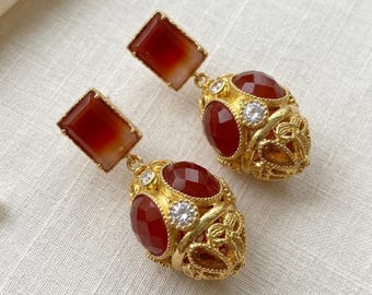 Amber, orange, and gold drop earrings, boho chic vintage baroque retro style, elegant gift for women