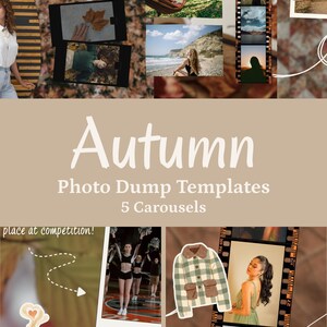 May include: A digital template set titled Autumn Photo Dump Templates 5 Carousels, featuring a collage of various photographs including a person in a hammock, beach scenes, a green plaid jacket, and a coffee cup illustration on a beige background.