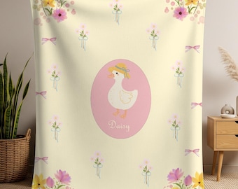 Personalized Floral Goose Baby Blanket, Custom Name Woven Nursery Decor, Baby Shower Gift