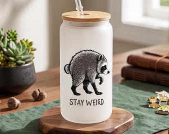 Frosted Raccoon Can Glass with Bamboo Lid, Trash Panda Iced Coffee Cup