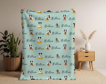 Custom Name Mickey Mouse Blanket, Personalized Soft Fleece Throw, Cartoon Character Kids Nursery