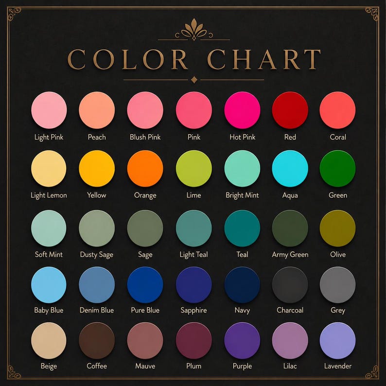 May include: A color chart featuring a variety of hues, including pinks, yellows, greens, blues, and purples. Each color is displayed in a circular shape with its name underneath. The text "COLOR CHART" is at the top.