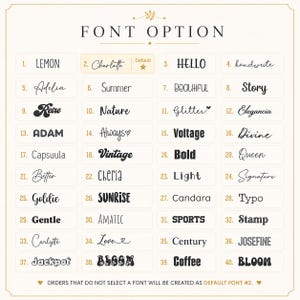 Puede incluir: Tabla de opciones de fuente con 40 estilos de fuente diferentes, incluyendo "Lemon", "Charlotte", "Hello" y "handwrite". Cada fuente se muestra en un cuadro rectangular. El texto "FONT OPTION" est&aacute; en la parte superior.