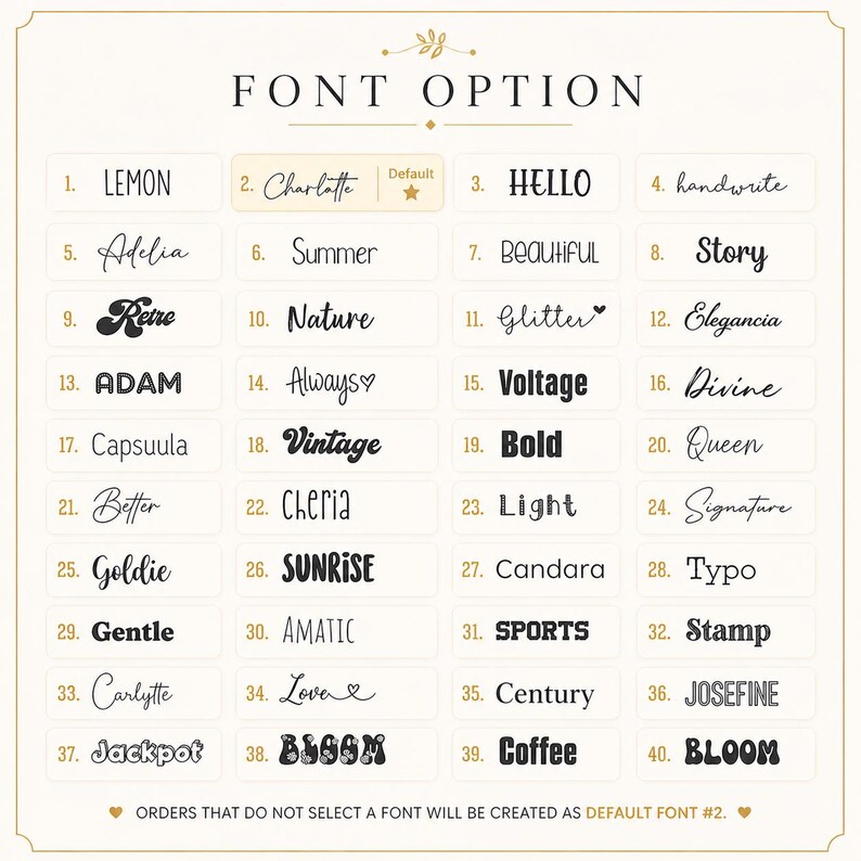 Puede incluir: Tabla de opciones de fuente con 40 estilos de fuente diferentes, incluyendo "Lemon", "Charlotte", "Hello" y "handwrite". Cada fuente se muestra en un cuadro rectangular. El texto "FONT OPTION" est&aacute; en la parte superior.