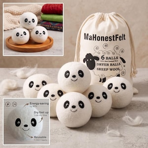 May include: Six white felted wool dryer balls featuring black panda face designs. The set includes a cream-colored drawstring storage bag printed with the text MaHonestFelt, 6 BALLS, 100% New Zealand Wool, DRYER BALLS, and SHEEP WOOL.