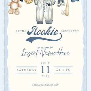 May include: Baseball-themed baby shower invitation with a teddy bear, baseball glove, onesie, shoes, baseball bat, and cap hanging on a clothesline. The invitation text reads "A Little Rookie is on the way!" and includes space for the baby's name and event details.