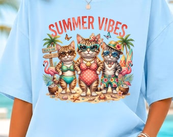 Summer Vibes Cats PNG SVG Beach Vacation Kitty Retro Tropical Shirt Design