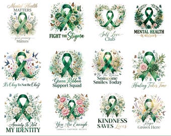 Mental Health PNG Bundle, Green Ribbon, Anxiety Support, Therapist Gift, Self Care Sublimation