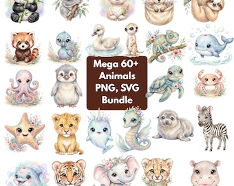 Baby Animal PNG Bundle, Woodland Forest Jungle Ocean Nursery Clipart SVG Files