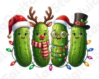 Pode incluir: Quatro picles verdes de desenho animado decorados para as festas. Um usa um gorro de Pai Natal, um tem chifres de rena e nariz vermelho, um usa óculos e luzes de Natal, e um usa uma cartola preta com um ramo de azevinho.