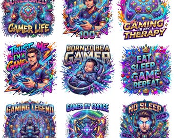 Gaming PNG Bundle, Neon Gamer Designs, Controller Clipart, Sublimation Graphics Collection