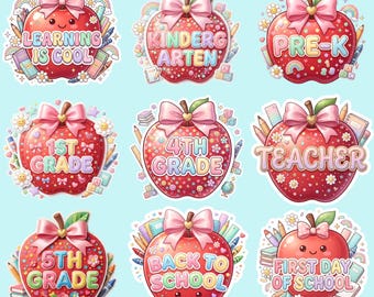 Coquette Teacher PNG-bundel, Back School Apple Bow, Grade Student Sublimatie SVG