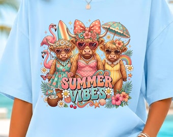 Summer Vibes Highland Cow PNG SVG Coastal Beach Coquette Tropical Vacation Design
