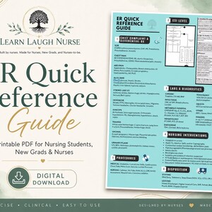 May include: A teal ER Quick Reference Guide, a printable PDF for nursing students, new grads, and nurses. The guide includes sections on chief complaints, labs, diagnostics, nursing interventions, and disposition. The text is in a clear, easy-to-read font.