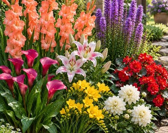 Mixed Flower Bulbs, Dahlias Lilies Gladiolus Freesias Begonias, Fragrant Garden Blooms, Colorful Outdoor Beauty