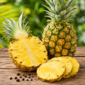 Pode incluir: Um abacaxi inteiro, um abacaxi cortado ao meio e duas fatias de abacaxi dispostas sobre uma superfície de madeira. A fruta tem um exterior texturizado castanho-dourado e polpa amarela brilhante. Várias sementes pequenas, ovais e castanho-escuras estão espalhadas por perto.