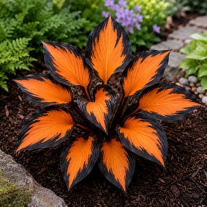 Könnte beinhalten: Eine Pflanze mit einer Rosette aus breiten, spitzen Blättern, die leuchtend orangefarbene Zentren und dunkel schwarz-violette Ränder aufweisen. Das Laub ist in einem symmetrischen, sternförmigen Muster angeordnet, das von der Basis ausstrahlt.