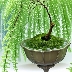 Pode incluir: Uma árvore bonsai em miniatura com um tronco marrom e folhagem verde está em uma tigela decorativa marrom clara com bordas onduladas. A tigela é preenchida com água e musgo. Samambaias verdes com gotas de água circundam o bonsai.