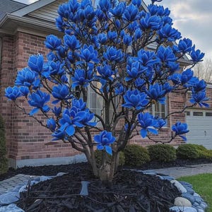 May include: A vibrant blue magnolia tree in full bloom. The tree is planted in a bed of black mulch and surrounded by a border of gray stones. The background features a brick house and a clear sky.