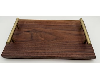 Handmade Walnut Wood Serving Tray with Gold Handles Live Edge Charcuterie Board