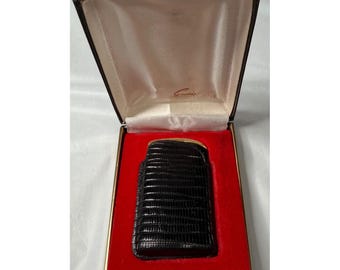 Encendedor de butano Evans vintage, piel de lagarto negra, tono dorado, con caja y estuche, fabricado en EE. UU.