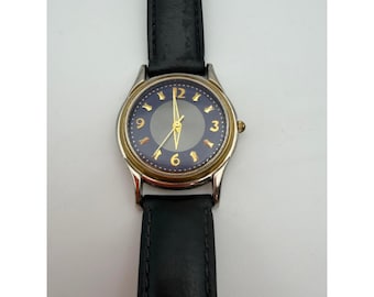 Fossil TM-6257 VTG Watch Purple Dial Gold Silver Two Tone Black Leather Strap