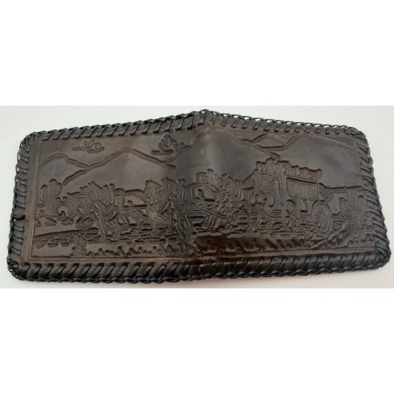 Vintage Tooled Leather Western Bifold Wallet Stagecoach Desert Scene Brown