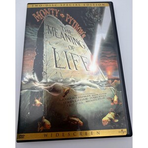 May include: DVD case for "Monty Python's The Meaning of Life." The cover features a tombstone with the film's title, set against a surreal ocean scene with fish. The case is labeled "Two-Disc Special Edition."