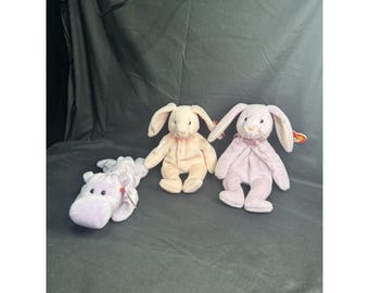 Lot of 3 TY Beanie Baby Hippity Hoppity Floppity Bunny Lot & Hippo 1996 Set