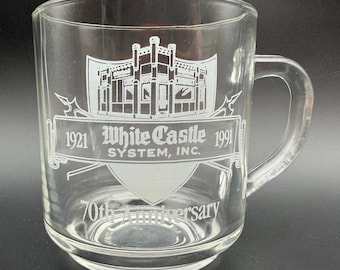 Taza de cristal vintage del 70 aniversario de White Castle (1921-1991) Luminarc Francia Transparente