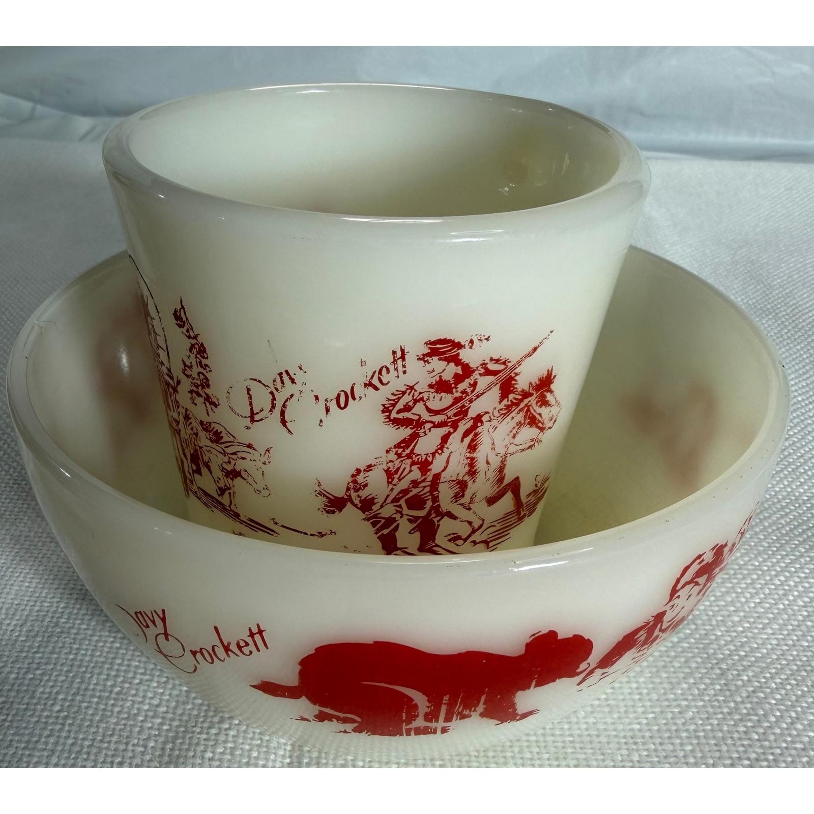 Vintage Fire-king Milk Glass Davy Crockett Bowl and Mug Set Red