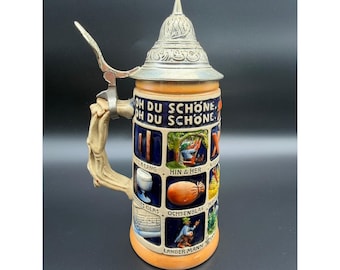 Vintage Western Germany Schnitzelbank Bierkrug Keramik Zinndeckel Relief T013