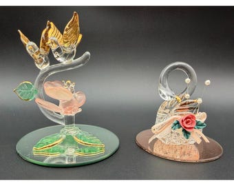 Vintage handgeblazen glazen beeldjes vogels en zwaan spiegelvoet gouden accenten 2 st