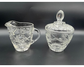 Vintage Clear Pressed Glass Creamer and Lidded Sugar Bowl Set Starburst Pattern