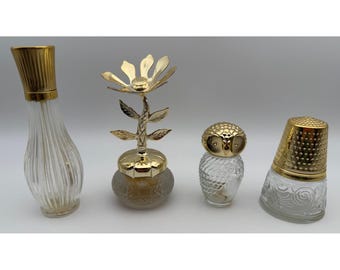 Vintage Avon Perfume Bottle Lot Wishing Owl Flower Thimble Gold Tone Empty 4pc
