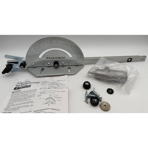 May include: A silver Powertec deluxe miter gauge featuring a semi-circular protractor scale, a long metal bar, and a black adjustment handle. Included are a printed instruction manual, a small plastic bag with metal parts, washers, and black nuts.